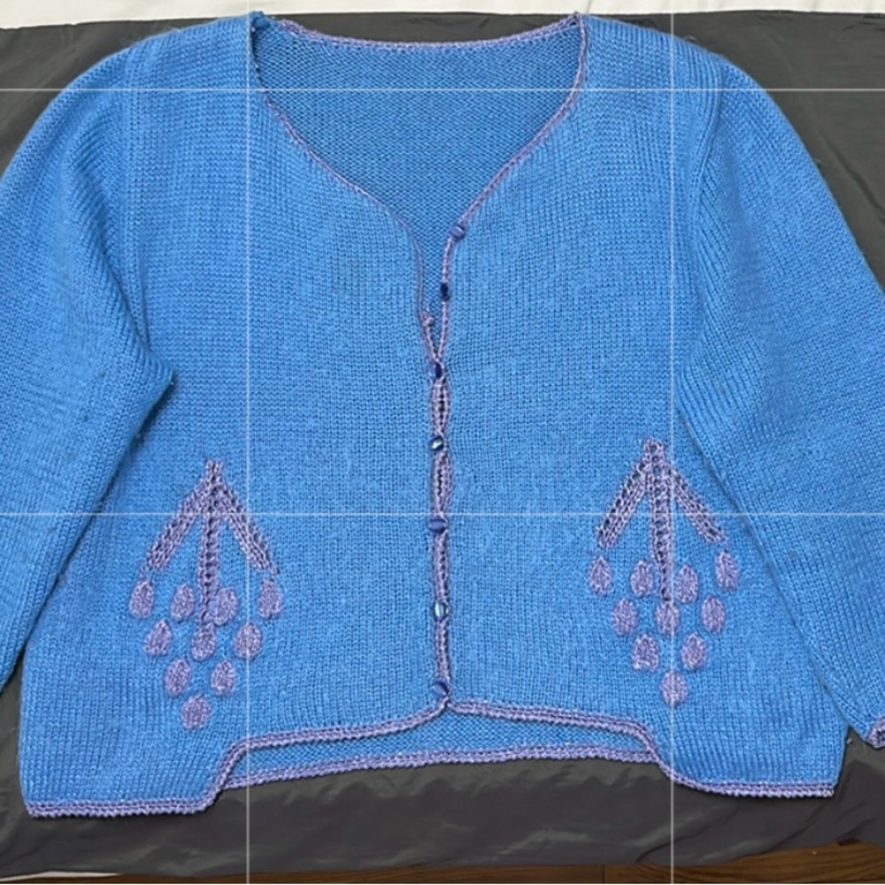 Vintage Blue Women's Handmade wool Sweater with violett embroderies